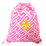 32630-PINK GREEK KEY DESIGN W/GOLD FDL DRAWSTRING BACK PACK BAG (MINIMUM 2)