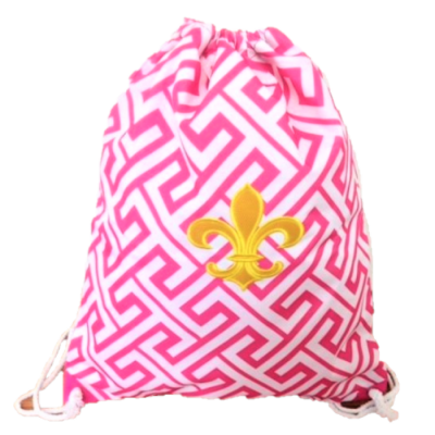 32630-PINK GREEK KEY DESIGN W/GOLD FDL DRAWSTRING BACK PACK BAG (MINIMUM 2)