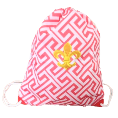 32632-CORAL GREEK KEY DESIGN W/GOLD FDL DRAWSTRING BACK PACK BAG (MINIMUM 2)