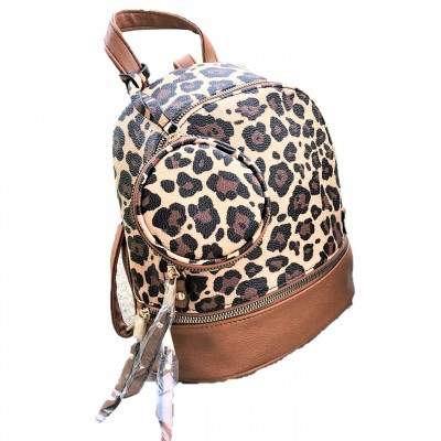 L201-BROWN PU LEOPARD LEATHER SMALL BACKPACK WITH WALLET AND COIN BAG