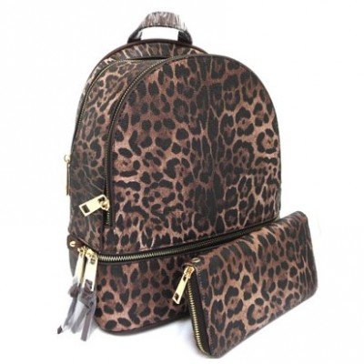 LE1062W-BROWN LEOPARD PU LEATHER MEDIUM BACKPACK WITH MATCHING WALLET