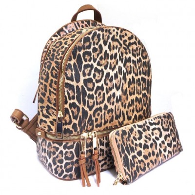 LE1062W-TAN LEOPARD PU LEATHER MEDIUM BACKPACK WITH MATCHING WALLET