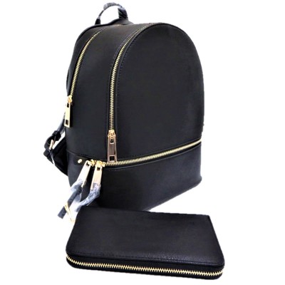 LP1062-BLACK PU LEATHER MEDIUM BACKPACK WITH MATCHING WALLET