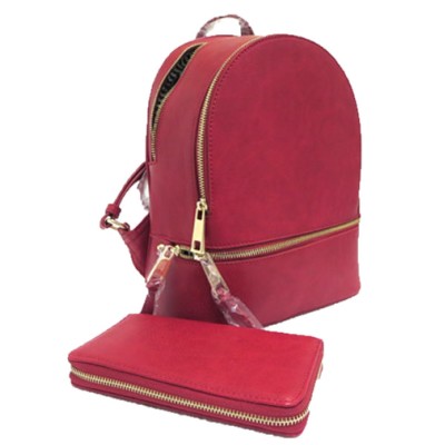 LP1062-CRANBERRY PU LEATHER MEDIUM BACKPACK WITH MATCHING WALLET