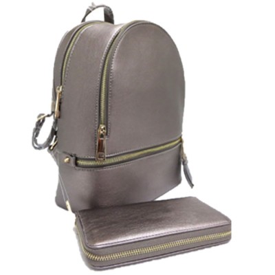 LP1062-PEWTER PU LEATHER MEDIUM BACKPACK WITH MATCHING WALLET
