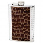 STAINLESS STEEL FLASK WITH BROWN FAUX LEATHER INLAYS - 8 Oz.