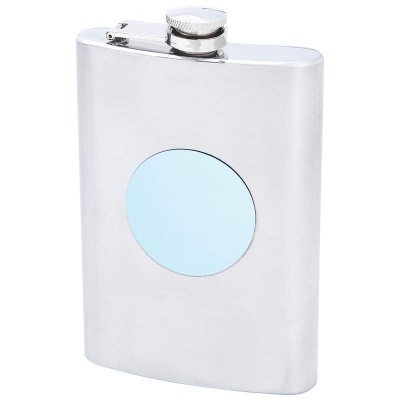 STAINLESS STEEL FLASK /W BLUE ROUND MEDALLION - 8 Oz.