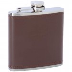 STAINLESS STEEL FLASK /W BROWN GENUINE LEATHER WRAP - 6 Oz.