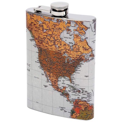 KTFLMAP-STAINLESS STEEL FLASK /W ANTIQUE WORLD MAP- 8 Oz.