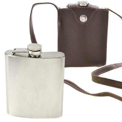 181080- STAINLESS STEEL HIP FLASK 9 OZ./ W BROWN LEATHER COVER