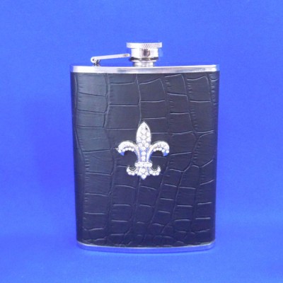 ZG6017-BLACK LEATHER CRYSTAL FDL FLASK 8 OZ .