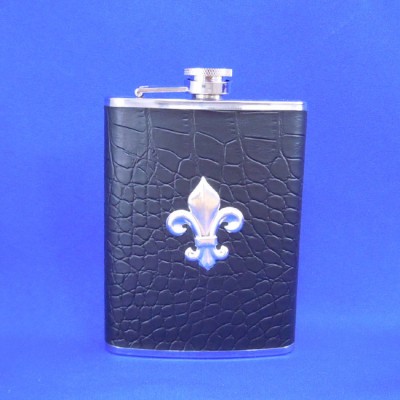 ZG6017-BLACK LEATHER SILVER FDL FLASK 8 OZ .