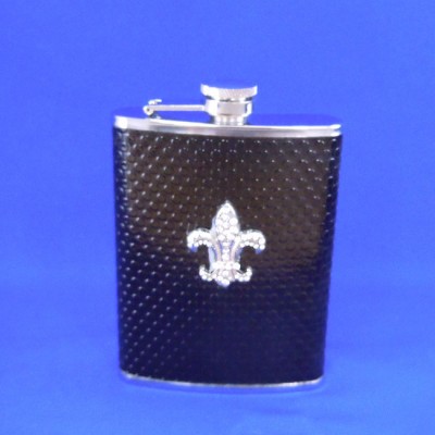 ZG6019-SHINY BLACK LEATHER CRYSTAL FDL FLASK 8 OZ