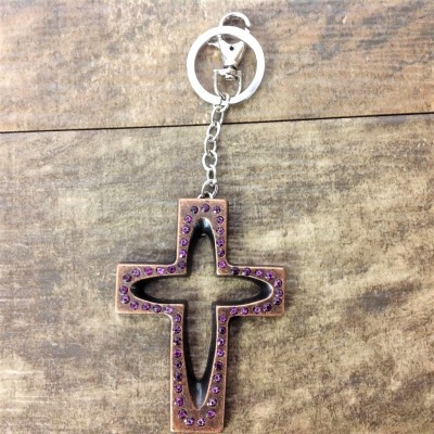 7010-PURPLE CRYSTAL CROSS / COPPER KEY CHAIN HOLDER