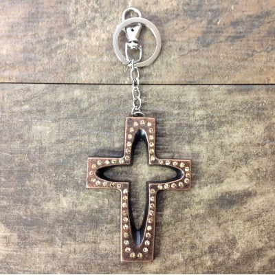 7010-AMBER CRYSTAL CROSS / COPPER KEY CHAIN HOLDER