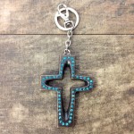 7010-TURQUOISE CRYSTAL CROSS / SILVER KEY CHAIN HOLDER