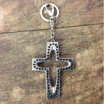 7010-BLACK CRYSTAL CROSS / SILVER KEY CHAIN HOLDER