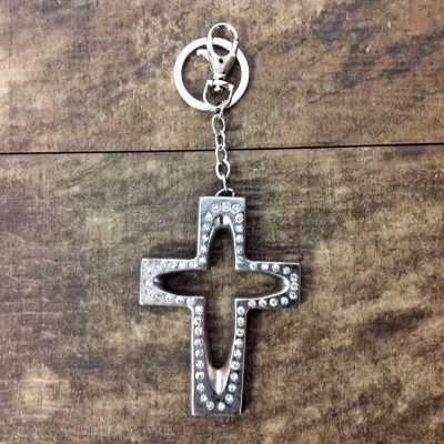 7010-CLEAR CRYSTAL CROSS / SILVER KEY CHAIN HOLDER