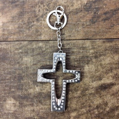 7010-CLEAR CRYSTAL CROSS / SILVER KEY CHAIN HOLDER