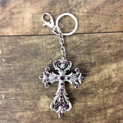 7017-PURPLE CRYSTAL CROSS / SILVER KEY CHAIN HOLDER