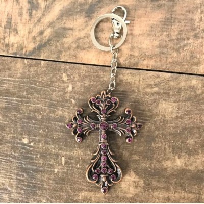 7017-PURPLE CRYSTAL CROSS / COPPER KEY CHAIN HOLDER