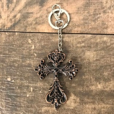 7017-BLACK CRYSTAL CROSS / COPPER KEY CHAIN HOLDER