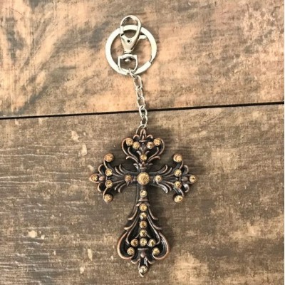 7017 -AMBER CRYSTAL CROSS / COPPER KEY CHAIN HOLDER