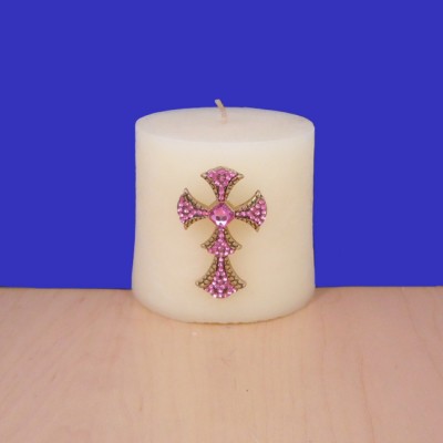 1019PK - PINK STONE CANDLE PIN W / CROSS