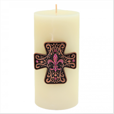7001-COP-PINK - COPPER CROSS CANDLE PIN W / PINK STONE FDL