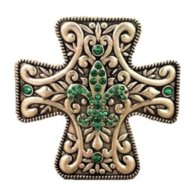 7001-SIL-GRN - SILVER CROSS CANDLE PIN W / GREEN STONE FDL