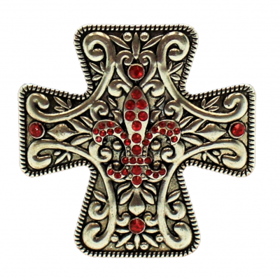 7001-SIL-RED - SILVER CROSS CANDLE PIN W / RED STONE FDL