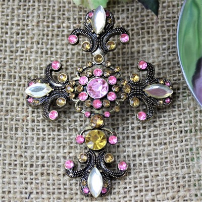 1027PK-AM - PINK AND AMBER STONE CANDLE PIN W/CROSS