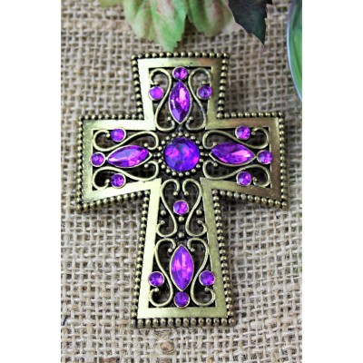 1028PL - PURPLE STONE CANDLE PIN W / CROSS