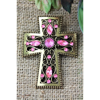 1028PK - PINK STONE CANDLE PIN W / CROSS