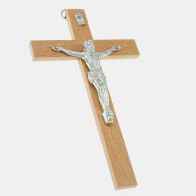 SUN1002-WOOD CROSS W/JESUS SILVER