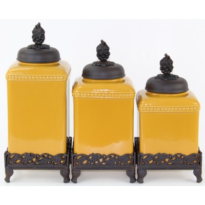 60003 MUSTARD CERAMIC LARGE CANISTER SET W / GRAPE COPPER LIDS & BASE