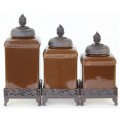 60003 BROWN CERAMIC LARGE CANISTER SET W / GRAPE COPPER LIDS & BASE