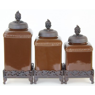 60003 BROWN CERAMIC LARGE CANISTER SET W / GRAPE COPPER LIDS & BASE