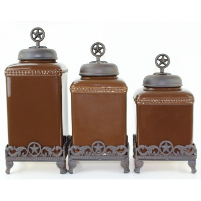60003 BROWN CERAMIC LARGE CANISTER SET W / STAR COPPER LIDS & BASE