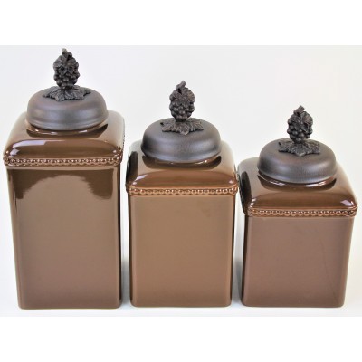 60003-BROWN 3PC. CERAMIC LARGE CANISTER SET WITH LIDS