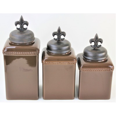 60003-BROWN 3PC. CERAMIC LARGE CANISTER SET WITH LIDS