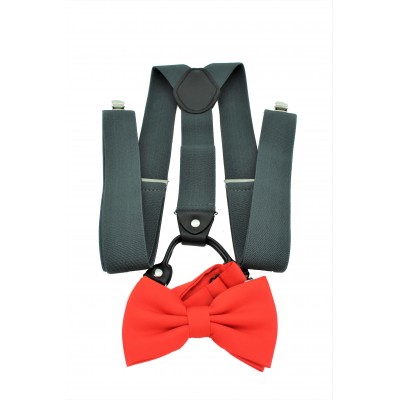 9001S/B-GRAY SUSPENDER BOW TIE SET (RED)