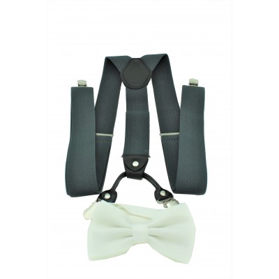 9001S/B-GRAY SUSPENDER BOW TIE SET (WHITE)