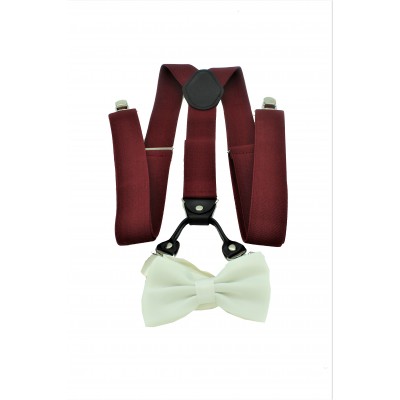 9001S/B-BURGUNDY SUSPENDER BOW TIE SET (WHITE)