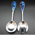 21566B- SERVING SET W/ AMBER GLASS INLAY