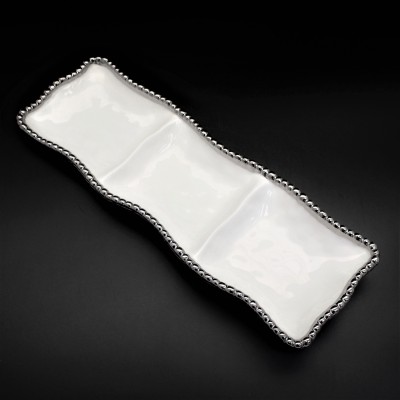SC322B-WHITE PORCELAIN BEADED RECTANGULAR 3 SECTION TRAY (MINIMUM 2)