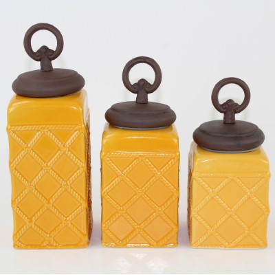 60002YL-RING-COP CERAMIC CANISTER SET ROPE YELLOW W/ RING COPPER LIDS