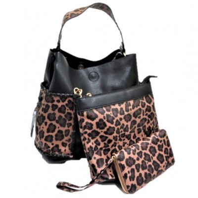 LF5073B-BLACK LEOPARD VEGAN LEATHER PURSE- 3 PIECE SET