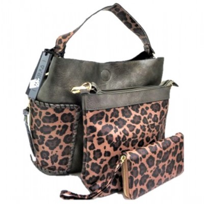 LF5073B-PEWTER LEOPARD VEGAN LEATHER PURSE- 3 PIECE SET
