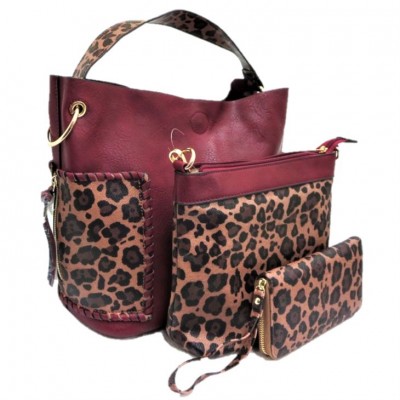 LF5073B-WINE LEOPARD VEGAN LEATHER PURSE- 3 PIECE SET